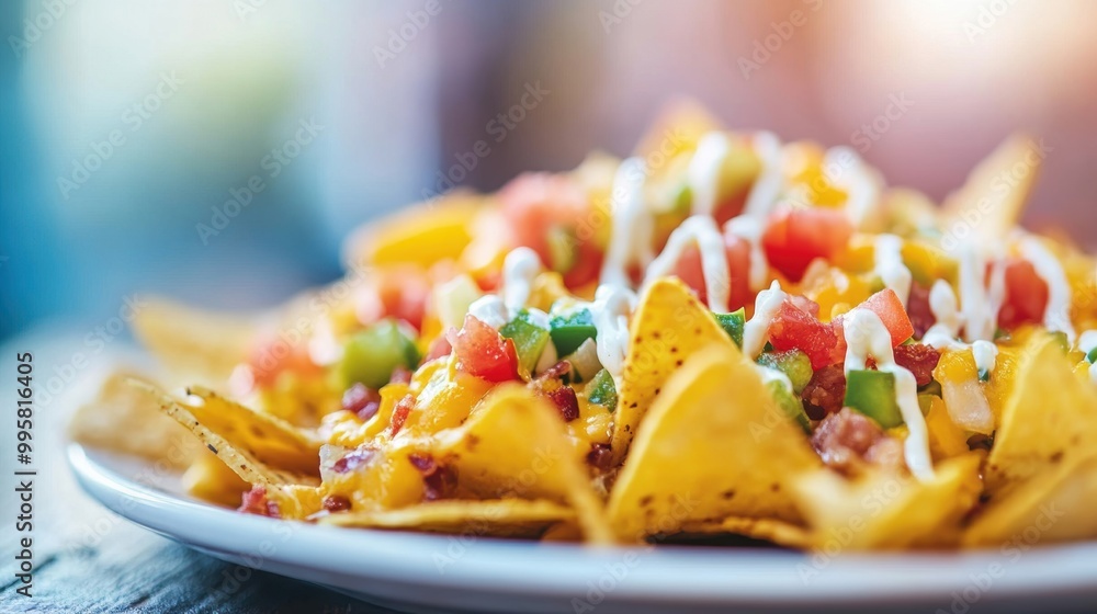 A plate of nachos is generously topped with a rich cheese dip, chopped tomatoes, and green peppers, perfect for sharing at a festive gathering A plate of nachos is generously topped with a rich cheese dip, chopped tomatoes, and green peppers, perfect for sharing at a festive gathering