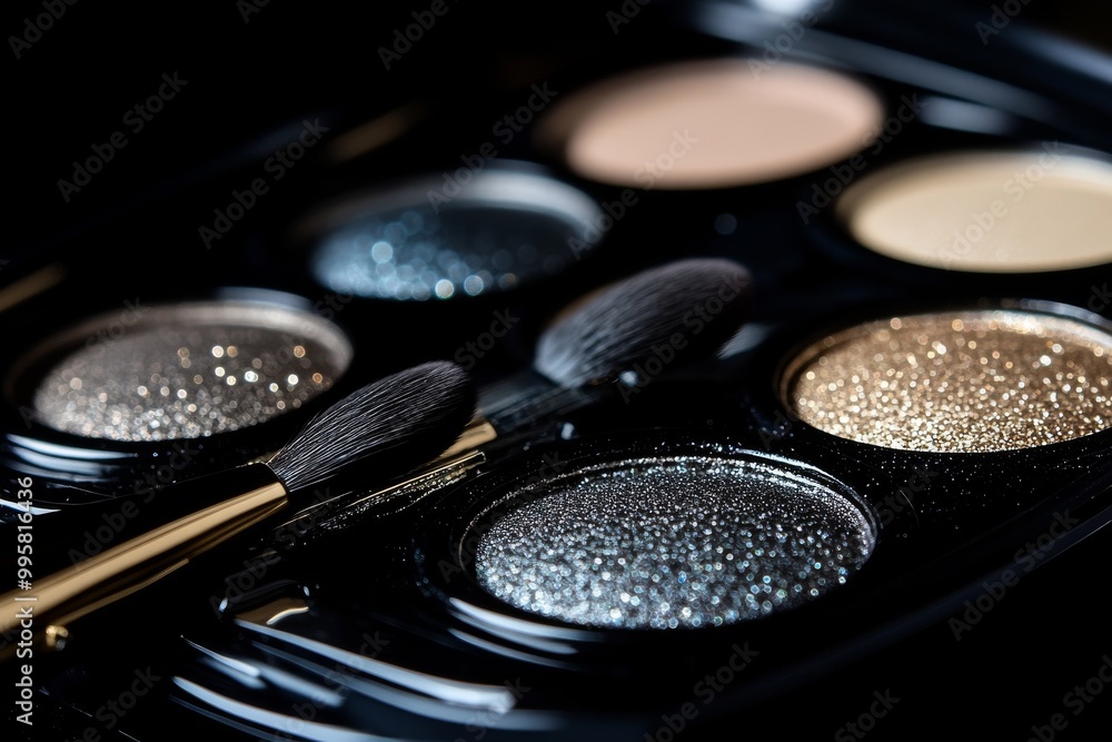 Luxurious glittery eyeshadow palette in black and silver tones featuring shimmering finishes and soft brushes for creating glamorous and high fashion makeup looks Luxurious glittery eyeshadow palette in black and silver tones featuring shimmering finishes and soft brushes for creating glamorous and high fashion makeup looks