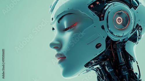 Surreal image of a robot blinking, merging human and machine emotions, hightech future AI concept, Robot blink, AI emotion photo