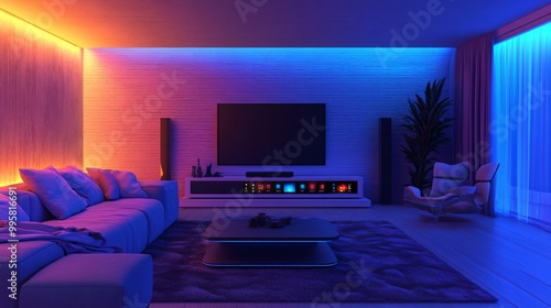 Modern living room with colorful LED lights, a TV, a sofa, a coffee table, and a chair.