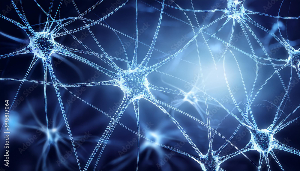 Abstract neurons branching out and connecting through glowing synapses. Brain activity, science Abstract neurons branching out and connecting through glowing synapses. Brain activity, science