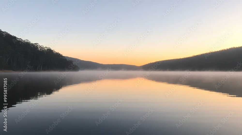 Fototapeta premium The tranquil waters of a misty lake mirror mountain peaks as dawn breaks over the horizon, creating a peaceful atmosphere