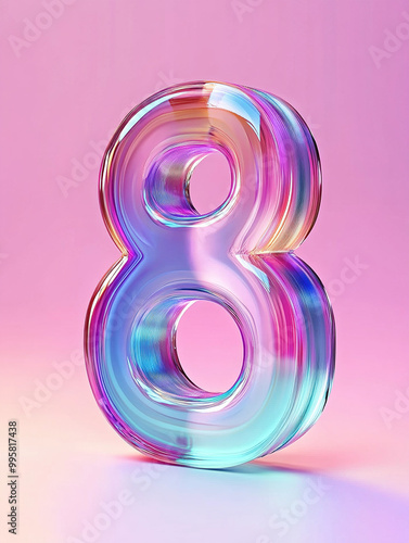 3D transparent glass textured number "8" icon, blind box cartoon design, PVC material, gradient background and 8K ultra-detailed rendering under natural light.