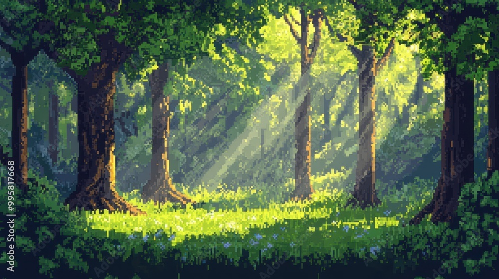 Fototapeta premium Sunbeams Filtering Through a Lush Green Forest