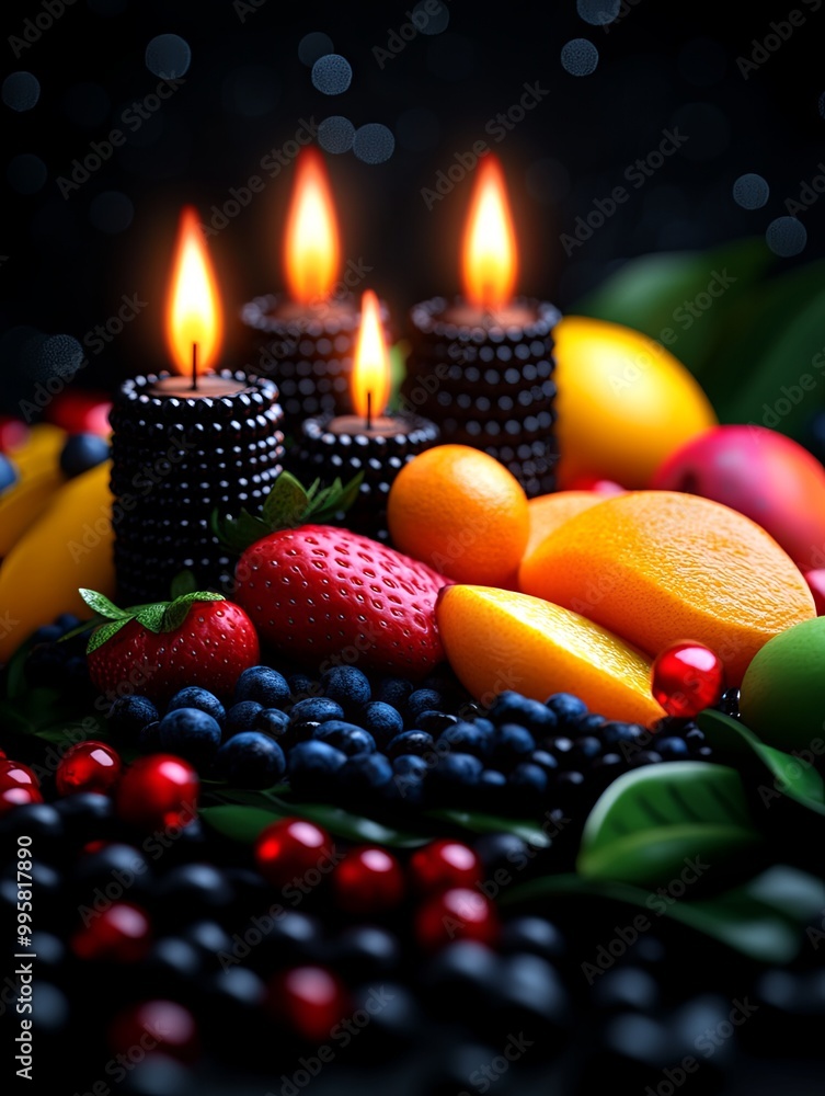 Obraz premium Colorful Fruits and Candles on Dark Background