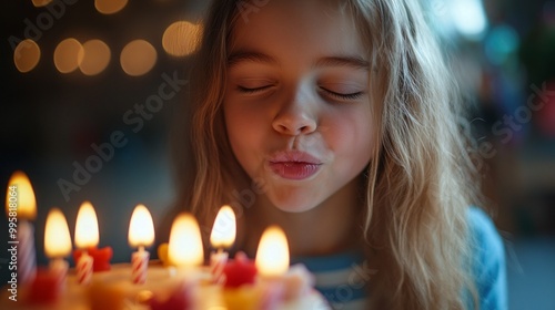 Wallpaper Mural A young girl blowing out candles on a birthday cake. The candles are lit and the girl is focused on them Torontodigital.ca