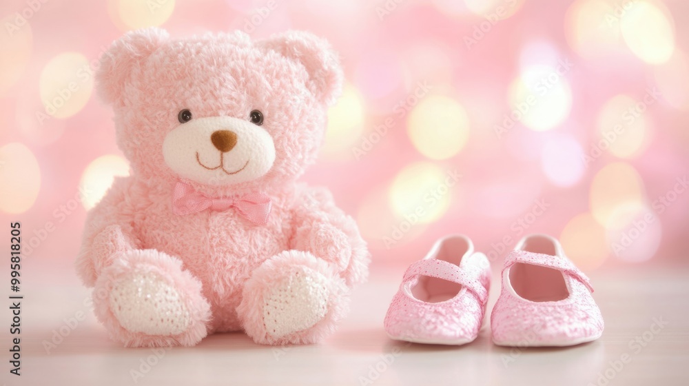 Obraz premium A charming pink teddy bear is placed next to sweet baby shoes on a lovely pink backdrop, ideal for celebrating a new arrival