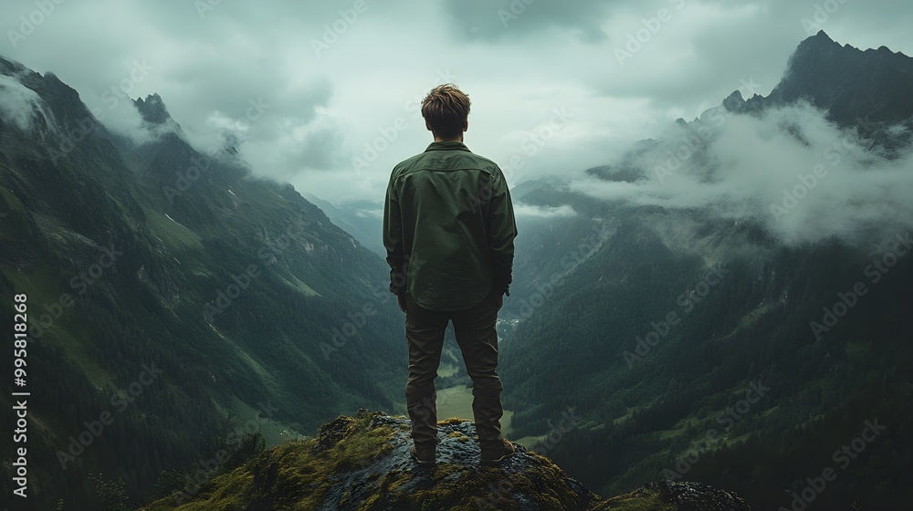 Fototapeta premium Man in a green shirt, standing on a mountaintop, representing personal growth and connection to nature, close up, adventure theme, ethereal, Manipulation, with a backdrop of mountains and sky