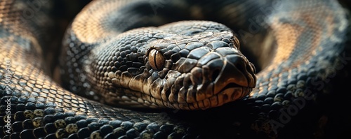 Close-up of an anaconda's powerful textured body and distinctive patterned scales highlighting its strength and camouflage in the wild