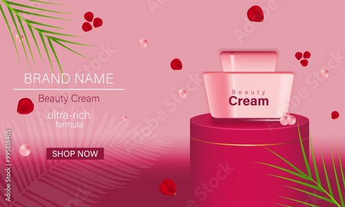 Beauty cosmetics promotion design, premium cosmetic presentation, beauty face cream  with rose patels and pearl vector illustration.