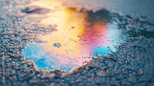 Oil slick colors spread across the wet asphalt, creating a colorful reflection in a vibrant urban area at dusk photo