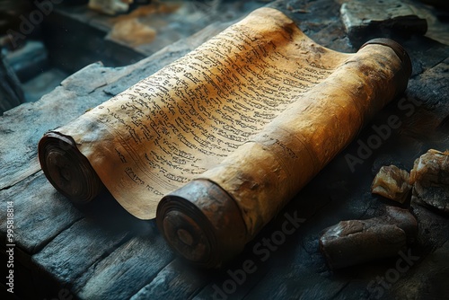 ancient hebrew scroll on weathered parchment unfurled to reveal intricate calligraphy soft warm lighting highlights the textured surface and faded ink ethereal atmosphere with hints of dust motes