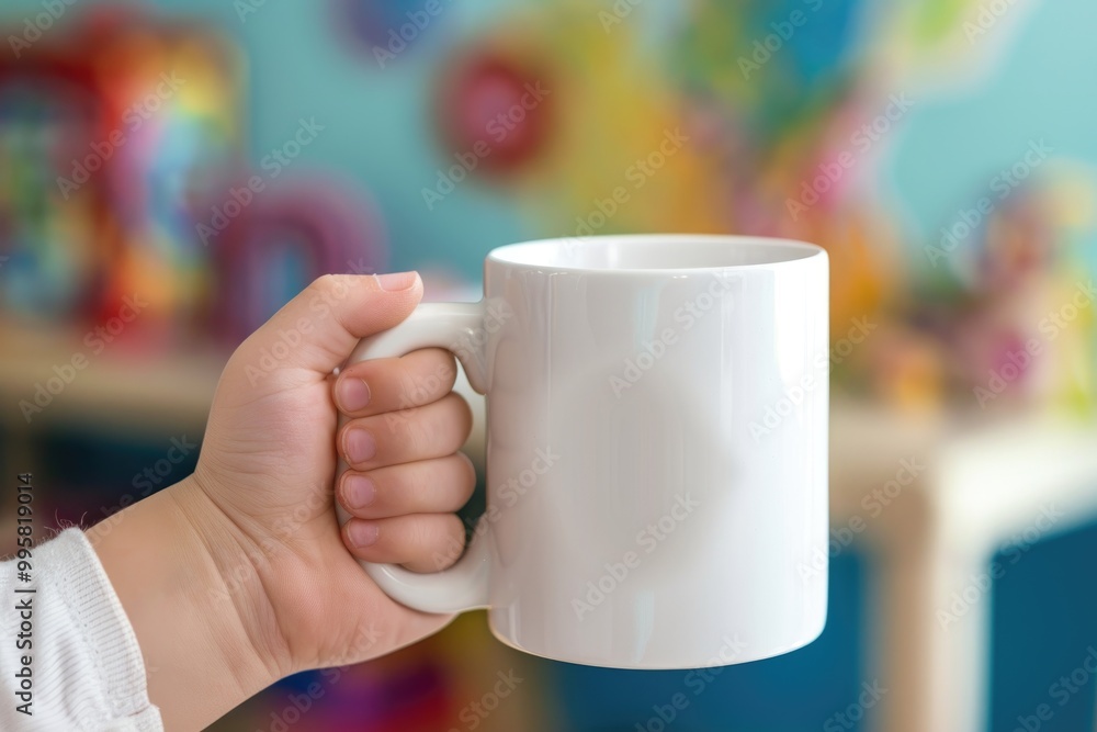 Hand Holding White Mug Against Colorful Background in Cozy Room Setting Hand Holding White Mug Against Colorful Background in Cozy Room Setting
