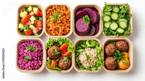 An array of vibrant dishes featuring healthy salads, grains, and meatballs in sustainable wooden bowls.