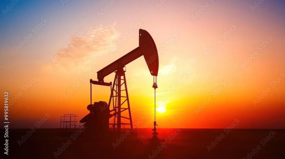 A tranquil desert sunset highlights an oil pump jack, symbolizing the extraction of crude oil in a serene environment