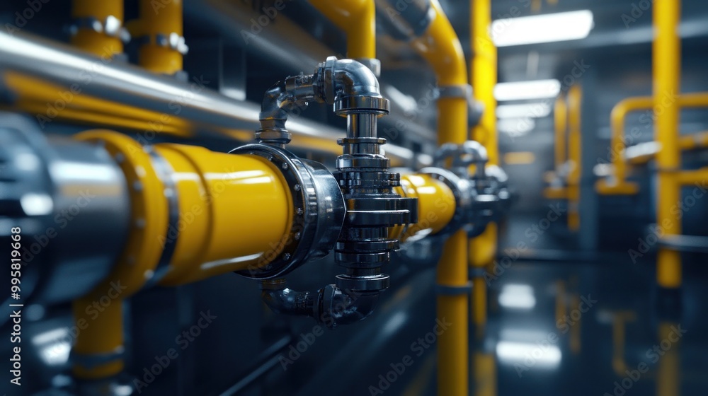 Close-up of industrial piping with shiny metallic joints and bright yellow pipes in a modern facility. Close-up of industrial piping with shiny metallic joints and bright yellow pipes in a modern facility.