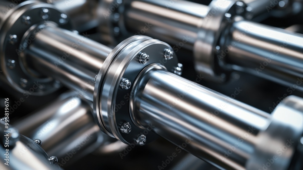 Close-up of polished metallic pipes with flanges, showcasing intricate details and reflections. Close-up of polished metallic pipes with flanges, showcasing intricate details and reflections.