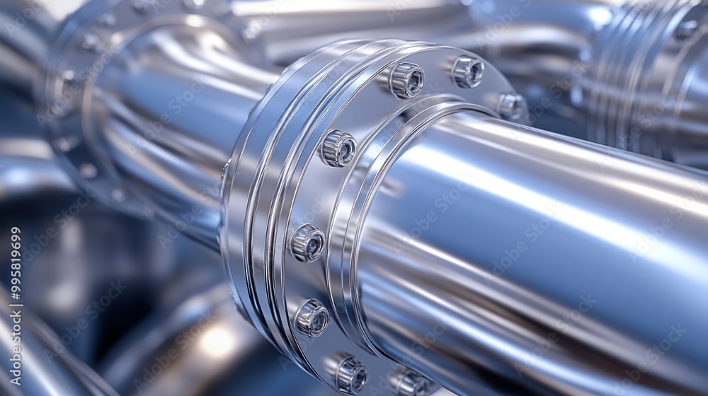 Close-up of shiny metal pipes and flanges, showcasing intricate details and reflections. Close-up of shiny metal pipes and flanges, showcasing intricate details and reflections.
