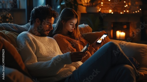 Couple sitting on couch browsing smartphones in cozy living room with warm lighting during evening