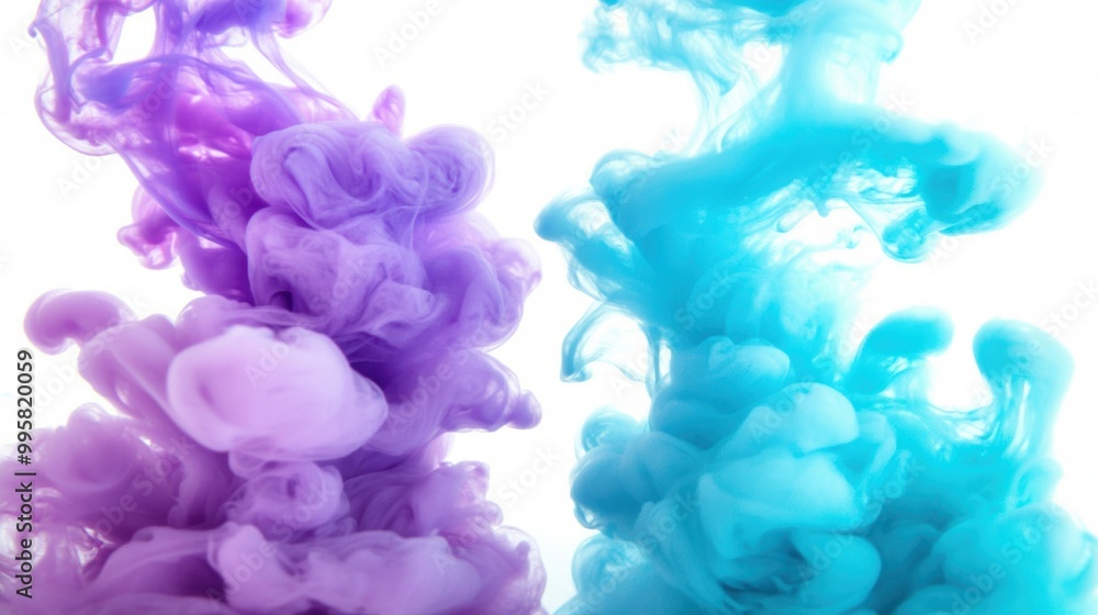 Clear water showcases vibrant swirling patterns as purple and blue ink blend together in mesmerizing formations and shapes Clear water showcases vibrant swirling patterns as purple and blue ink blend together in mesmerizing formations and shapes