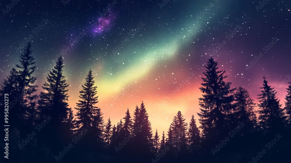 A breathtaking view of the aurora borealis dances across the night sky, illuminating a star-filled expanse above a silhouette of towering trees. A breathtaking view of the aurora borealis dances across the night sky, illuminating a star-filled expanse above a silhouette of towering trees.