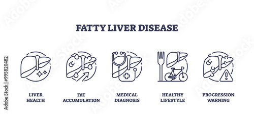 Outline icons representing liver health, fat accumulation, medical diagnosis, healthy lifestyle, and progression warning, outline icons set.