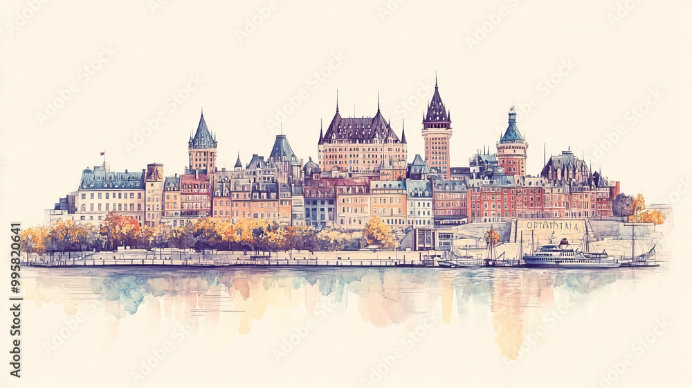 Obraz premium Quebec City, Canada, color pen pencil hand-drawn effect drawing illustration for travel poster, card, wallpaper, backdrop or banner. Modern, clear, artistic and simple