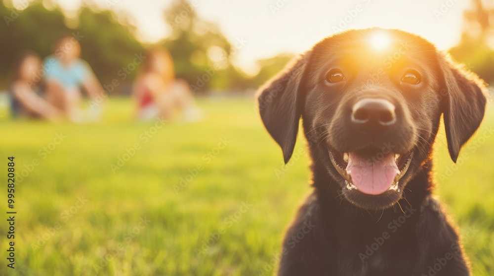 A cheerful puppy sits in a park, basking in the sunlight while nearby people enjoy their day A cheerful puppy sits in a park, basking in the sunlight while nearby people enjoy their day