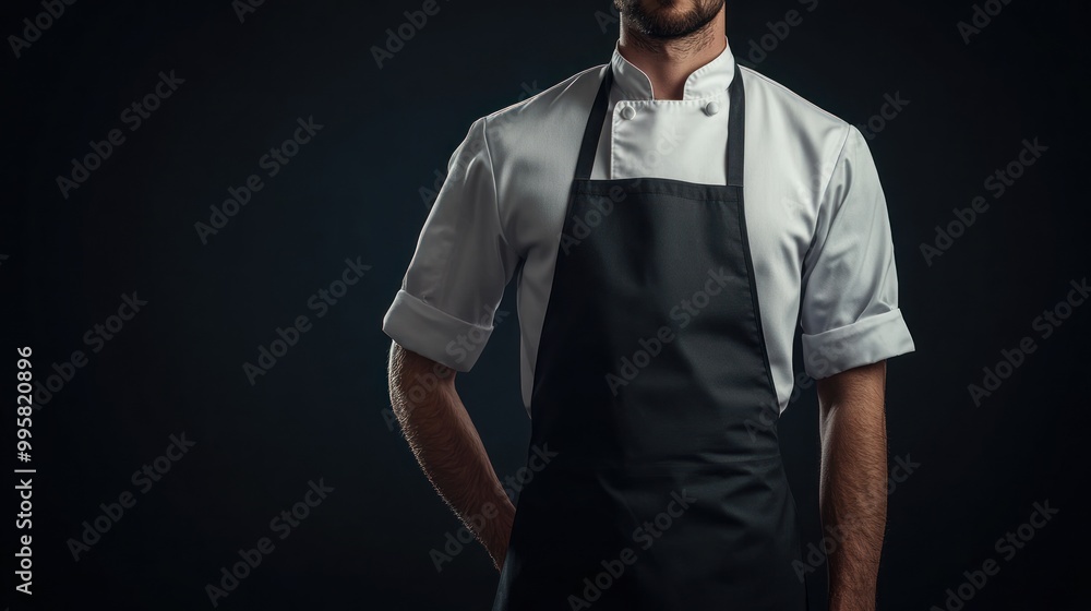 Naklejka premium A male chef in a white uniform poses confidently against a dark background.
