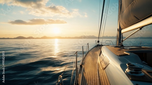 A serene sunset over calm waters, viewed from a sleek yacht's deck, creating a tranquil and inviting atmosphere.