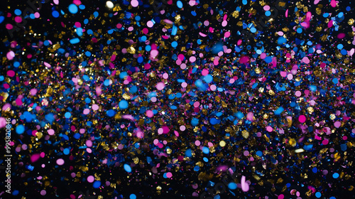 A vibrant and festive scene with multicolored confetti, predominantly in shades of pink, blue, gold, and purple, scattered in the air. The confetti appears to be falling from above