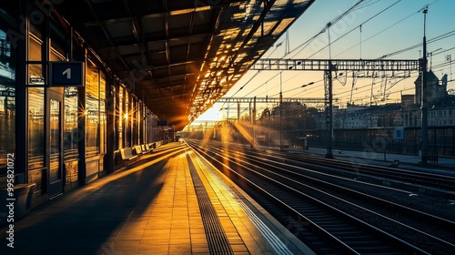 Prague Liben Station is bathed in the warm glow of sunset, casting golden light across the platform and creating long, soft shadows that stretch toward the tracks.