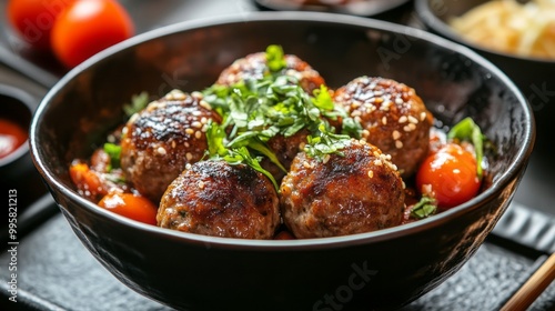 bowl in Chinese style. meatballs with beans, herbs, cherry tomatoes and sauce in a bow