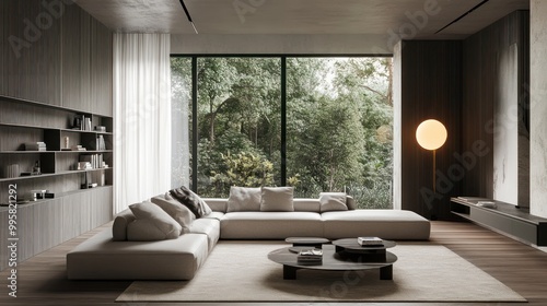 A serene modern living room with a plush sofa and panoramic view of nature, creating a calm and inviting atmosphere.