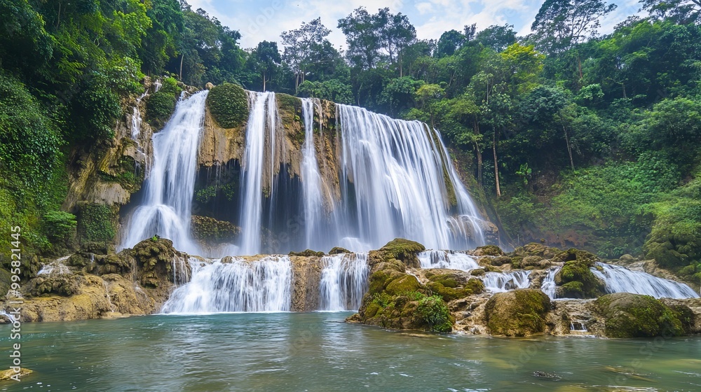 Obraz premium Sri Gethuk Waterfall cascades gracefully down the rocky cliffs at Oyo River, located in Menggoran Village, Yogyakarta Province, Central Java, Indonesia.