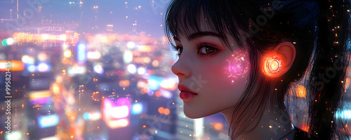 Digital Art Illustration of a Young Woman with Glowing Implants Looking Out Over a Futuristic Cityscape