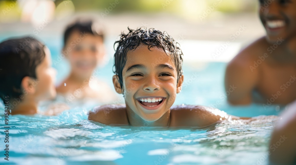 Fototapeta premium Group of joyful children swimming in an outdoor pool on a sunny day, capturing happiness and fun in the water with friends