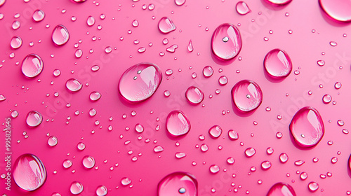 A myriad of water droplets of varying sizes, predominantly in a clear and shiny state, set against a pink background. The droplets are spread out, with some larger ones occupying more space and others