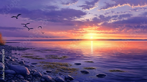 A captivating sunset graces Rimouski, Quebec, along the serene Saint Lawrence River in the Gaspesie region of Canada. photo