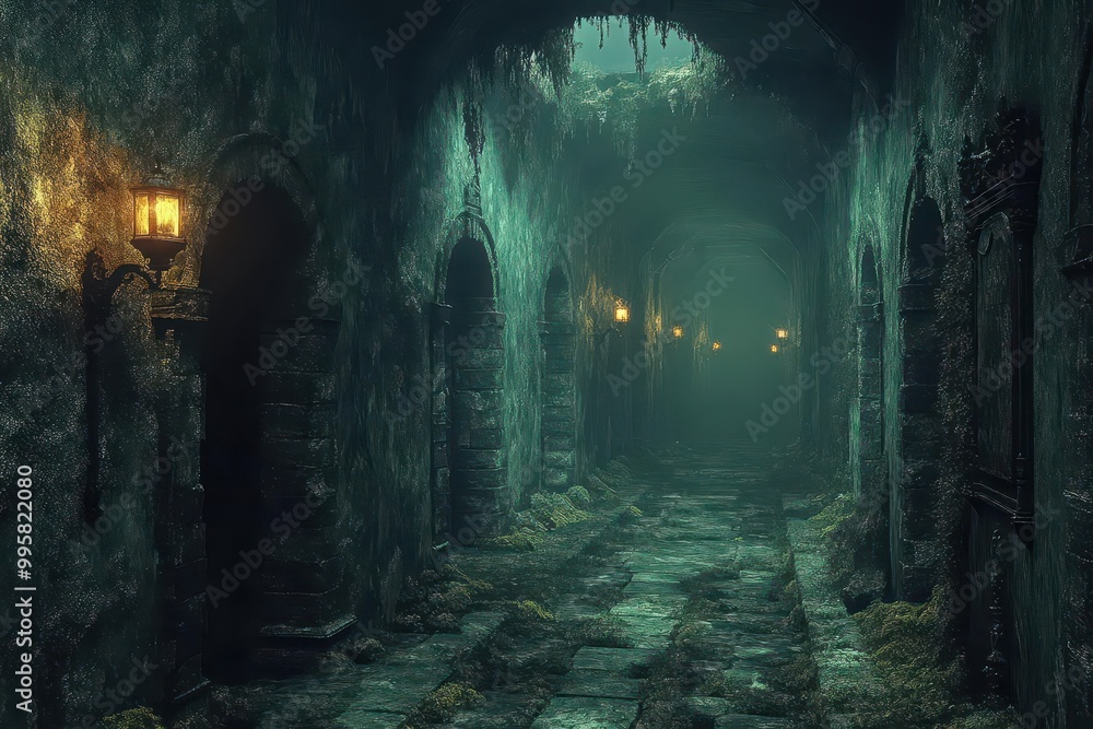 ancient stone dungeon corridor flickering torchlight mosscovered walls mysterious shadows fantasy game environment ancient stone dungeon corridor flickering torchlight mosscovered walls mysterious shadows fantasy game environment