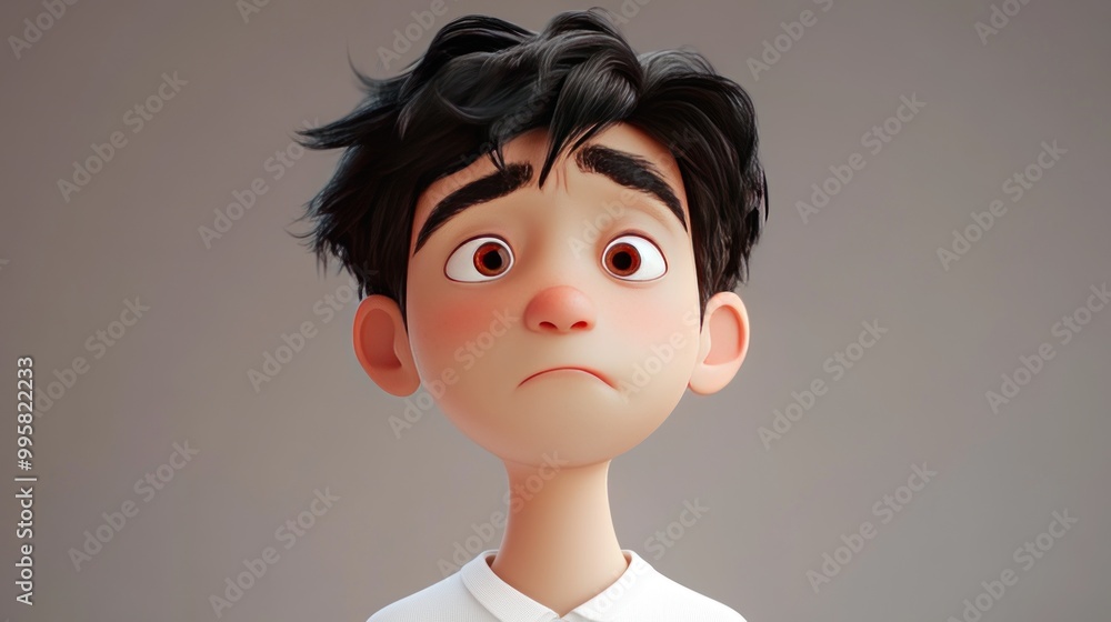 A worried young boy with messy black hair, wide eyes, and a pouty expression, showcasing a blend of emotions. A worried young boy with messy black hair, wide eyes, and a pouty expression, showcasing a blend of emotions.