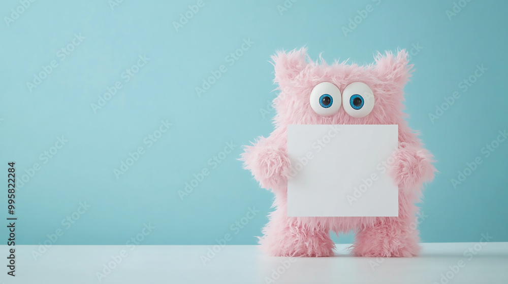 a furry monster holding a white blank sign on blue background a furry monster holding a white blank sign on blue background