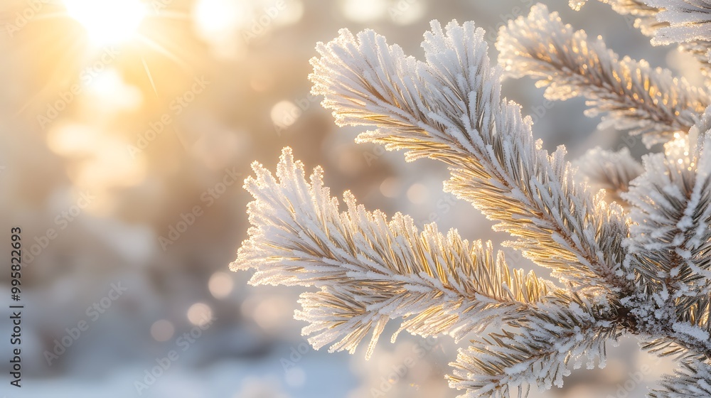 Beautiful close-up of frost-covered pine branches in winter, with the sun shining brightly behind them Beautiful close-up of frost-covered pine branches in winter, with the sun shining brightly behind them