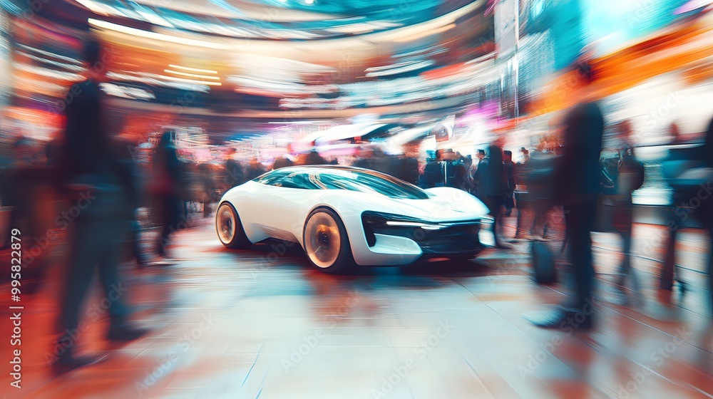 White Sports Car in Motion with Blurry Background of People and Lights White Sports Car in Motion with Blurry Background of People and Lights