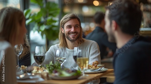 A man with long hair is smiling at the camera while sitting at a table with a woman and another man. The table is set with wine glasses, plates of food, and a potted plant. Scene is happy and relaxed