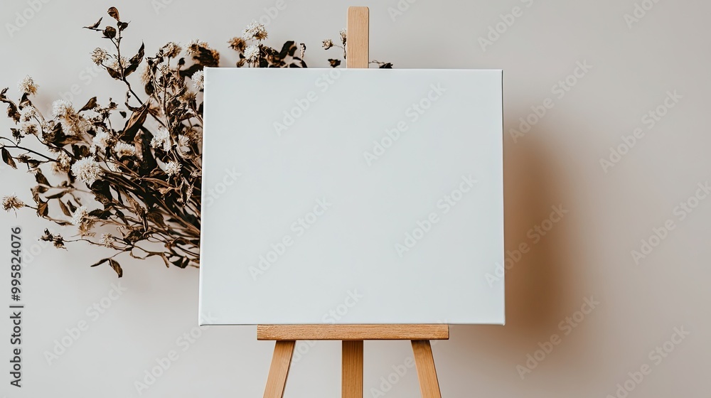 An empty canvas rests on an easel in a cozy space, surrounded by a bouquet of dried flowers. The scene exudes warmth and invites inspiration for artistic endeavors An empty canvas rests on an easel in a cozy space, surrounded by a bouquet of dried flowers. The scene exudes warmth and invites inspiration for artistic endeavors
