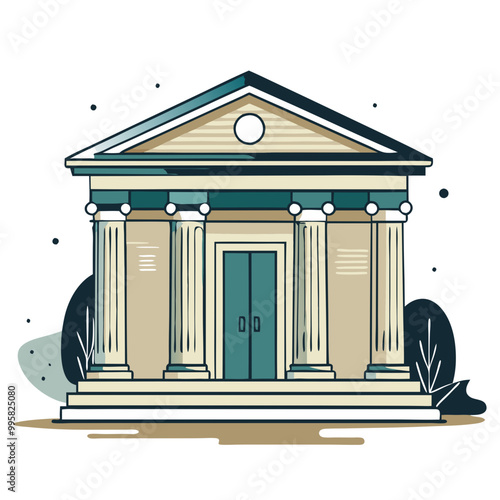Classical bank building with columns on abstract background, beige and green tones
