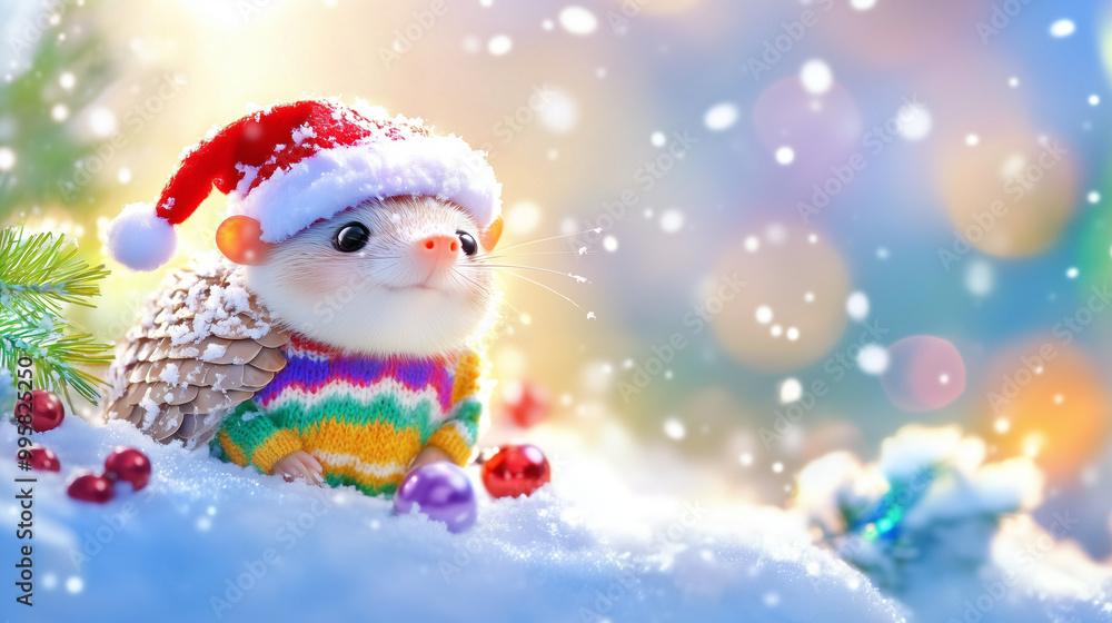 Fototapeta premium Armadillo in Santa Hat and Christmas Sweater, playful armadillo enjoying winter snow, exuding holiday cheer, vibrant colors against a clear winter backdrop, joyful festive atmosphere