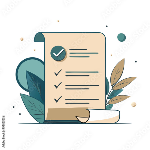 Task list on scroll of paper with checkmarks on abstract background, beige and green tones