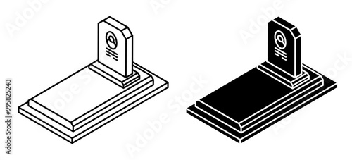 Linear icon, Isometric Halloween cemetery tombstone with photo and date of life of deceased. Simple black and white vector isolated on white background